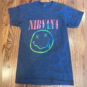 NIRVANA SMILEY FACE KURT COBAIN SHIRT, BLACK, ADULT SIZE S